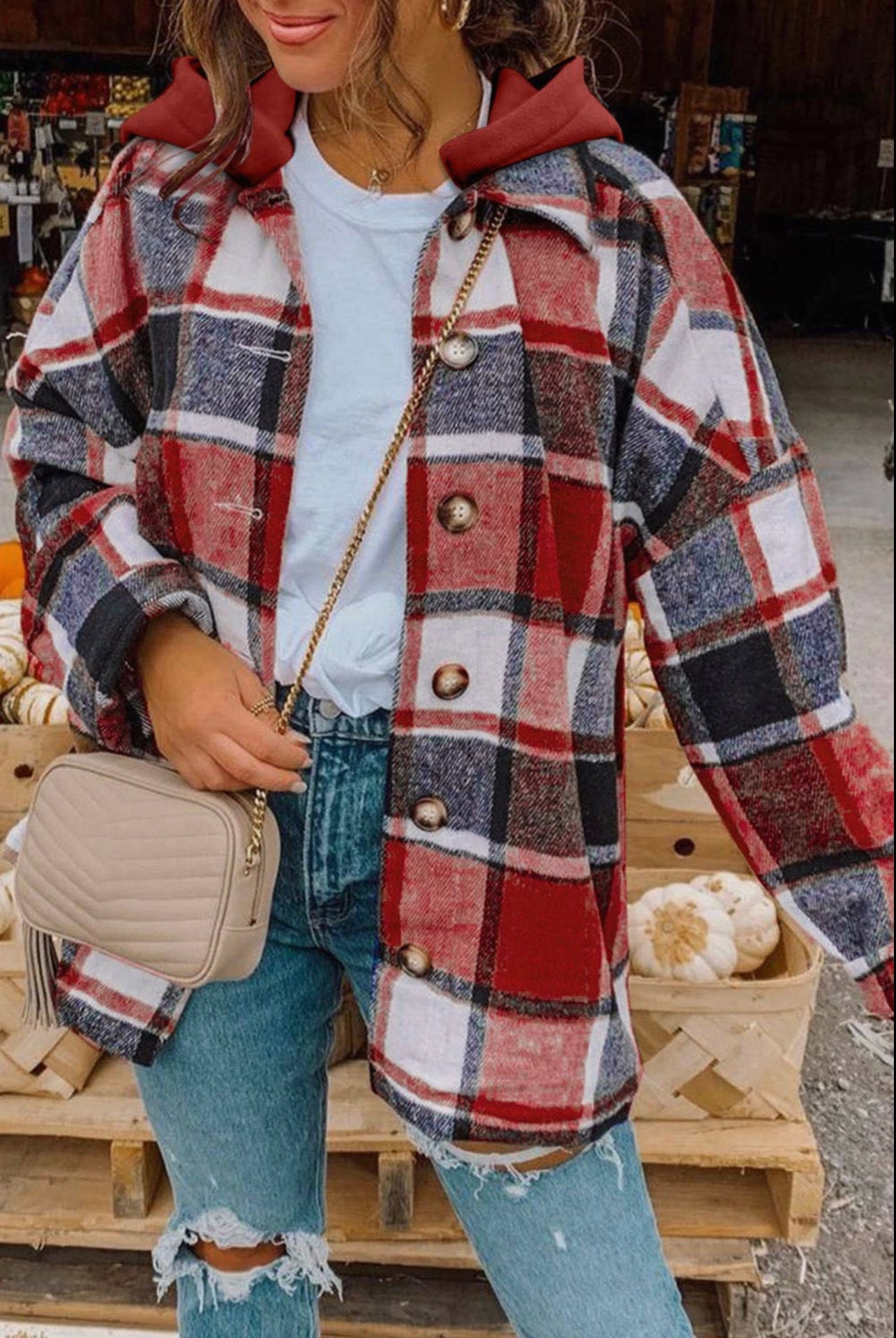 Patriot Plaid - Flannel Shacket with Removable Hood