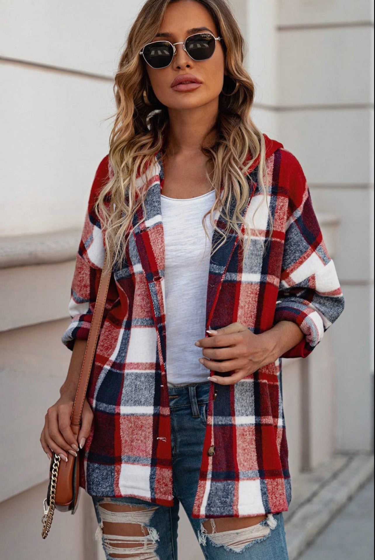 Patriot Plaid - Flannel Shacket with Removable Hood